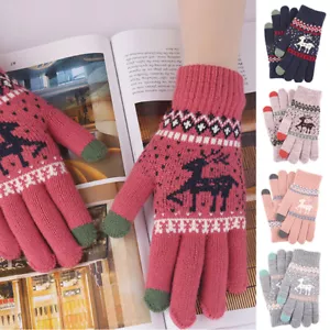 Fashion Knitted Thick Gloves Christmas Deer Printed Warm Winter Full Finger - Picture 1 of 17