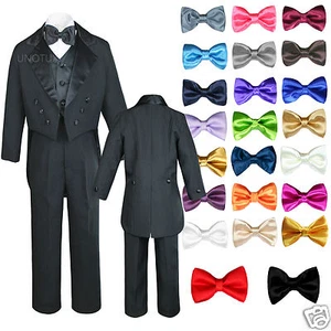 6pc Baby Kid Boy Wedding Formal Black Vest Tail Tuxedo Suits with extra Bow S-20 - Picture 1 of 28