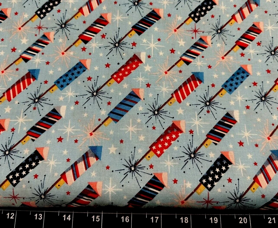 Tina Scrap 9"x21" Flag Firework Stars Patriotic 4th of July Rocket FABRIC COTTON - Image 1 of 1