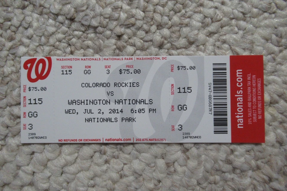 WASHINGTON NATIONALS VS ROCKIES 7/2/2014 FULL TICKET ~ McKENRY/WERTH/DESMOND HRs - Image 1 of 1