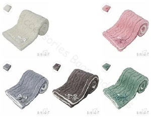 New Baby Wrap Cable Knit Satin Trim Bow Soft Sherpa Back Pram Blanket Soft Touch - Picture 1 of 22