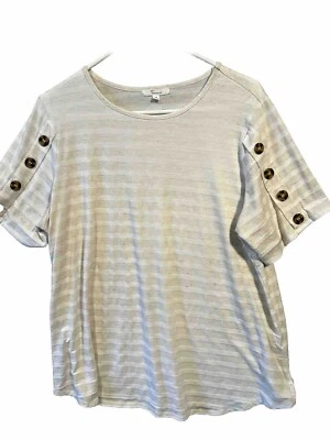 89th & Madison Womens  Top Size 1X Tan White Stripe Button Accents Short Sleeve - Image 1 of 4