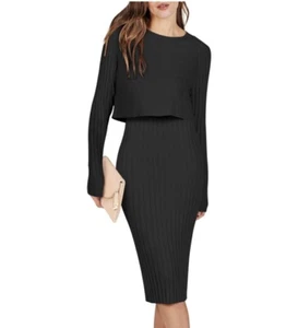 ANRABESS Women Casual Two Piece Outfits Long Sleeve Ribbed Knit Crop Top & Dress - Picture 1 of 7