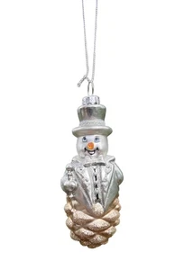 Kurt Adler Silver Snowman Christmas Ornament – Pinecone Base with Top Hat and Ca - Picture 1 of 4