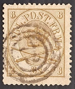 RARE 1868- Denmark 8Sk bistre Crown Sword & Sceptre stamp used SG29 Cat£200 - Picture 1 of 2