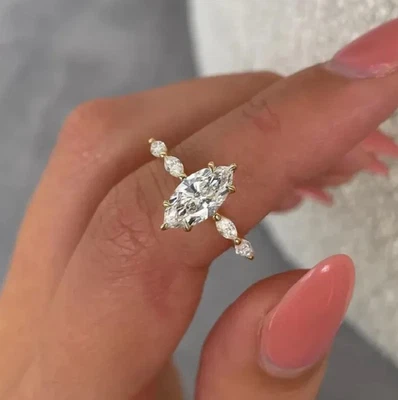 Обручальное кольцо с пятью камнями муассанитом огранки маркиза 1,50 карата для нее - Изображение 1 из 4