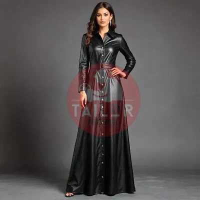 Women's Black Lambskin Leather Wedding Maxi Dress Front Button Slim Lady Dress - Image 1 of 3