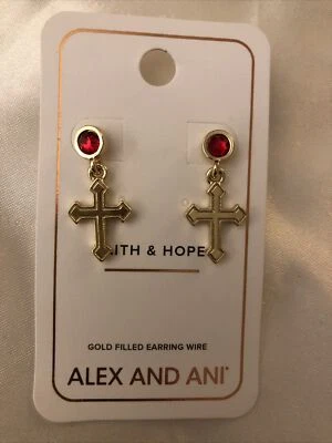 Pendientes colgantes Alex And Ani cruz rellenos de oro acento cristal rojo nuevos con etiquetas Foto 1 de 4