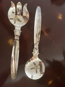 VTG English SILVER Plated Serving FORK SPOON SALAD Utensils Unique Lg Hallmarked - Picture 1 of 7