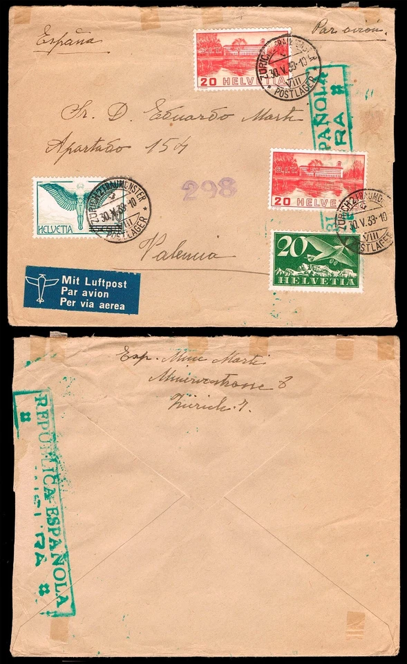 Suiza - Yv o 307(2)+A4+A25 - 1938 - Carta correo aéreo de Zurich a Valencia + - Imagen 1 de 1