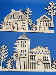 Crate & Barrel 2 Pc Wood Village Stand Up Decoration Laser Cut NO STANDS - Picture 1 of 9