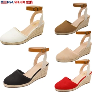 Women Espadrilles Wedge Sandals Ankle Strap Close Toe Comfort Dress Shoes US - Picture 1 of 37