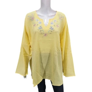 Denim Co Womens Everyday Dressy Cotton Top with Embroidery 3X Plus Size Yellow - Picture 1 of 9