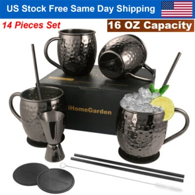 Black Moscow Mule Mugs - Pure Solid Hammered Stainless Steel Copper Mug Set of 4