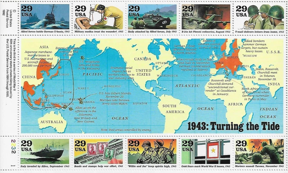 US 1943 Turning the Tide 29c Stamp Plate Block of 10 Scott #2765 - Image 1 of 1