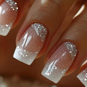24x Glittering Acrylic Nail Medium Square Press On Nail French Tip False Nail - Picture 1 of 8