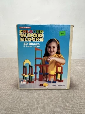 Blocos de madeira vintage Tootsietoy #4045 50 cores primárias não tóxicas feitas nos EUA 1996 - Imagem 1 de 4