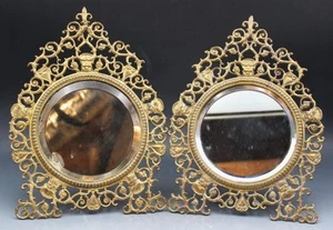 Pr Antique French Ornate Rococo Gilt Bronze Round Table Mirrors Easel Back - Picture 1 of 15