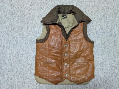 vintage 1970s puffer vest GOOSE DOWN indian head nickel S leather WESTERN ski 38 - Image 1 of 4