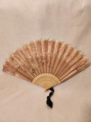 Antique Large Fan Hand Painted Flowers On Pink Silk Carved Handle White Feathers - Image 1 of 4
