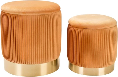 Juego de 2 otomanas redondas de almacenamiento de terciopelo, reposapiés puf anidador con base de metal dorado Foto 1 de 4