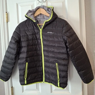 Eddie Bauer Unisex Reversible Down Hooded Jacket Size L 14/16 Black Grey Neon  - Image 1 of 4