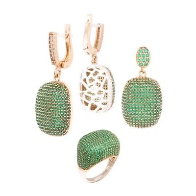 Stunning Turkish Handmade Jewelry Round Emerald Zircon 925 Sterling Silver Set - image 1 of 4