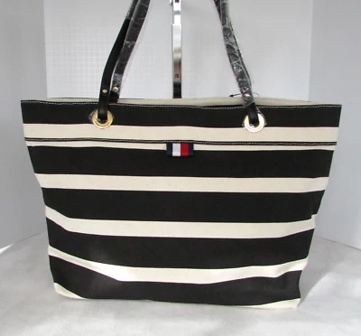 Tommy Hilfiger Bolso de Hombro Shopper de Lona a Rayas Negro Crema Cartera Nuevo con Etiquetas Foto 1 de 4