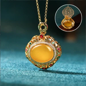 Jade Crystal Charm Pendant W/ Necklace Locket Chain 18K Gold Plated Gemstone - Picture 1 of 7