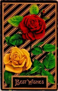 Vintage 1912 Postcard Best Wishes Floral Flowers Yellow Red Rose - Picture 1 of 2