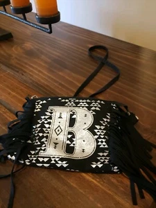 NWOT JUSTICE GIRL'S SILVER & BLACK INITIAL LETTER B FRINGE PURSE SHOULDER BAG - Picture 1 of 1