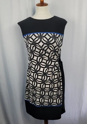 Madison Leigh Short Sleeve Sheath Dress Size 6 Black & White Geo Print Blue Trim - Image 1 of 4