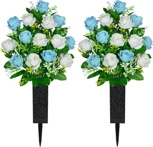 Artificial Cemetery Flowers Grave Memorial Flowers with Vase Artificial Rose ... - Picture 1 of 6