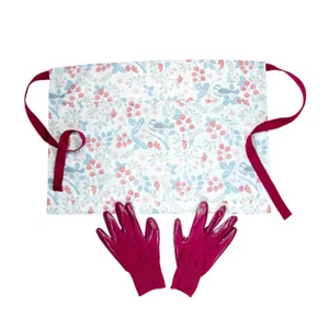 Womens Floral Berry Half Apron with Matching Maroon Knit Gardening Gloves Set - Picture 1 of 4