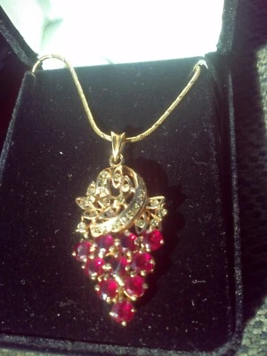 Yellow Gold Natural Ruby and Diamond Cluster Necklace, 15” - Image 1 of 3