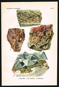 Zinnober Mispickel Niccolite Print - 1911 Antique Mineral Lithograph Plate 6 - Bild 1 von 6