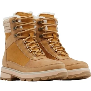 SOREL Lennox Lace Up Cozy Faux Fur Waterproof Boot 5.5 Combat Heeled Tan Cream - Picture 1 of 13