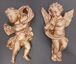 Vintage GOLD Engel/Kirschbaum Wanddeko 2er Set Wandhänger Kreide - Bild 1 von 8