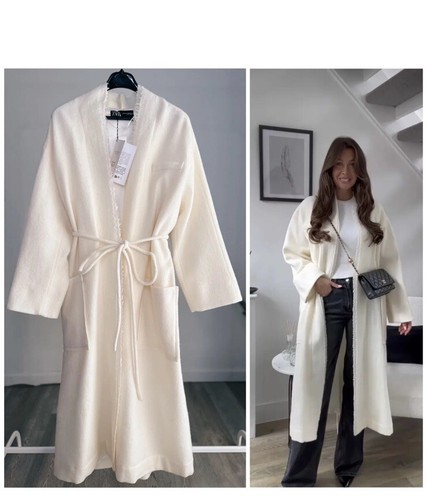 OFF WHITE CAPPOTTO LANA MANTECO BIANCO CON CINTURA ZARA COLLEZIONE ZW tg XS S prezzo al pubblico £169
