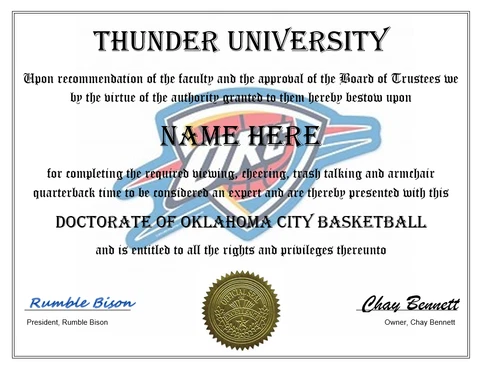 OKLAHOMA CITY THUNDER PERSONALIZED FAN DIPLOMA, GREAT GIFT Cover