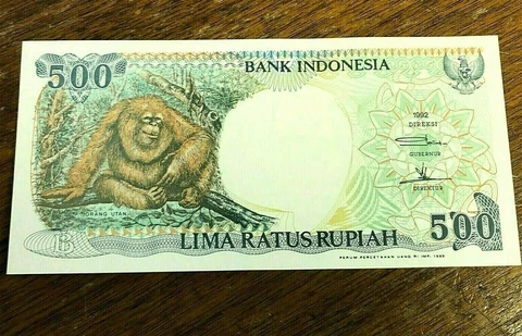 1992 (1999) INDONESIA 500 RUPIAH Banknote, with Bornean ORANGUTAN, P#128 Cover
