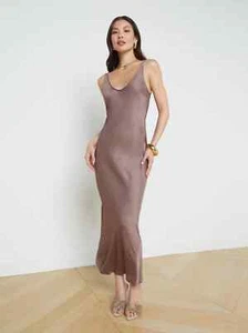 L'AGENCE tief taupe Akiya schräg geschnitten seidenähnlich fließend Midi Maxi Schlupf Kleid S = 2/4 - Bild 1 von 12