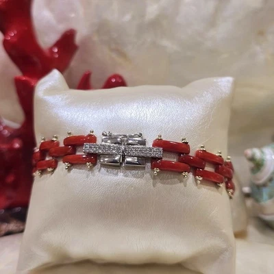 Bracciale corallo rosso naturale argento 925 zirconi fatto a mano italiano - Immagine 1 di 4