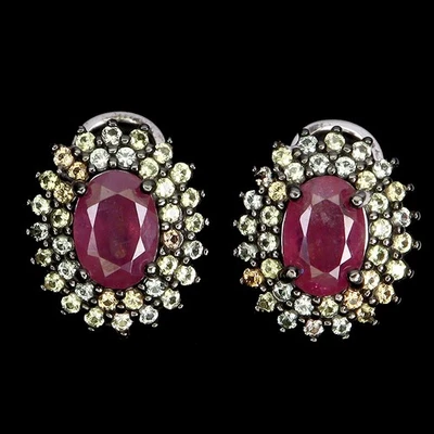 Black Friday 925 Sterling Silver Earrings Oval Ruby 7x5mm Sapphire Diamond Cut - Image 1 of 4