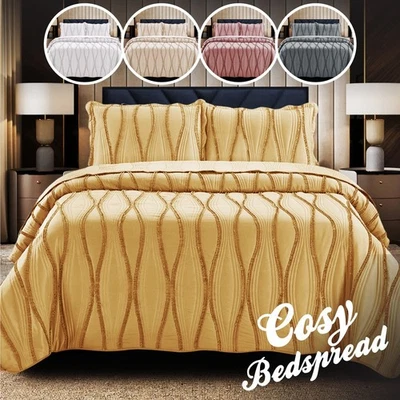 3 Piece Quilted Embossed Bedspread Bed Throw Single Double King Size Bedding Set - Image 1 of 4