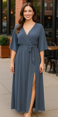 Baltic Born Women's Size L Blue Kia Kimono Sleeve Side Slit Chiffon Maxi Dress - Image 1 of 4