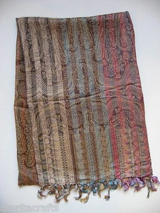 MULTICOLORED KHAKI STRIPED PAISLEY SHAWL SCARF WRAP KASHMIR INDIA - Picture 1 of 4