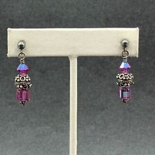 Pierced Earrings Silver tone Purple Aurora Borealis Crystal Beaded Dangle 1 1/4"