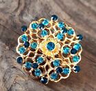 Shiny Gold Tone Filigree Sunburst Flower Blue Aqua Rhinestones Beautiful Brooch