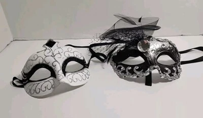 2 Womens Mardi Gras Masks White & Black and  Black & Silver Masquerade Costumes - Image 1 of 4